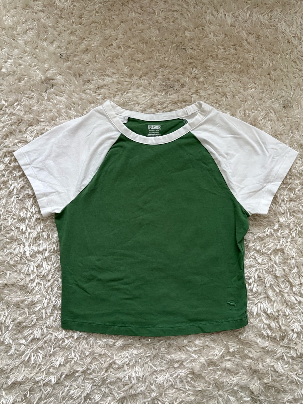 PINK Victoria's Secret Raglan Tee Green White Short Sleeve Cute Crop Top Ringer